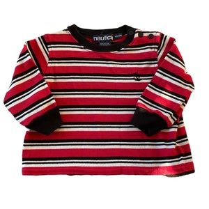 Nautica Red Black White Striped Long Sleeve Pique Top Size 6-12 Months